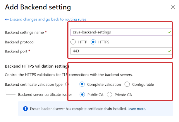 Azure-Backend-Einstellungen mit HTTPS, Backend-Port und Complete validation für die Serverzertifikatsprüfung.