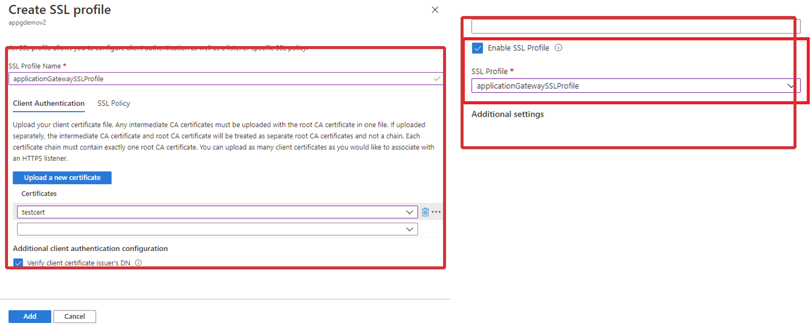 Azure-Beispiel für ein SSL-Profil mit Upload der Client-CA-Kette, Aussteller-DN-Prüfung und Zuordnung des Profils am Listener.