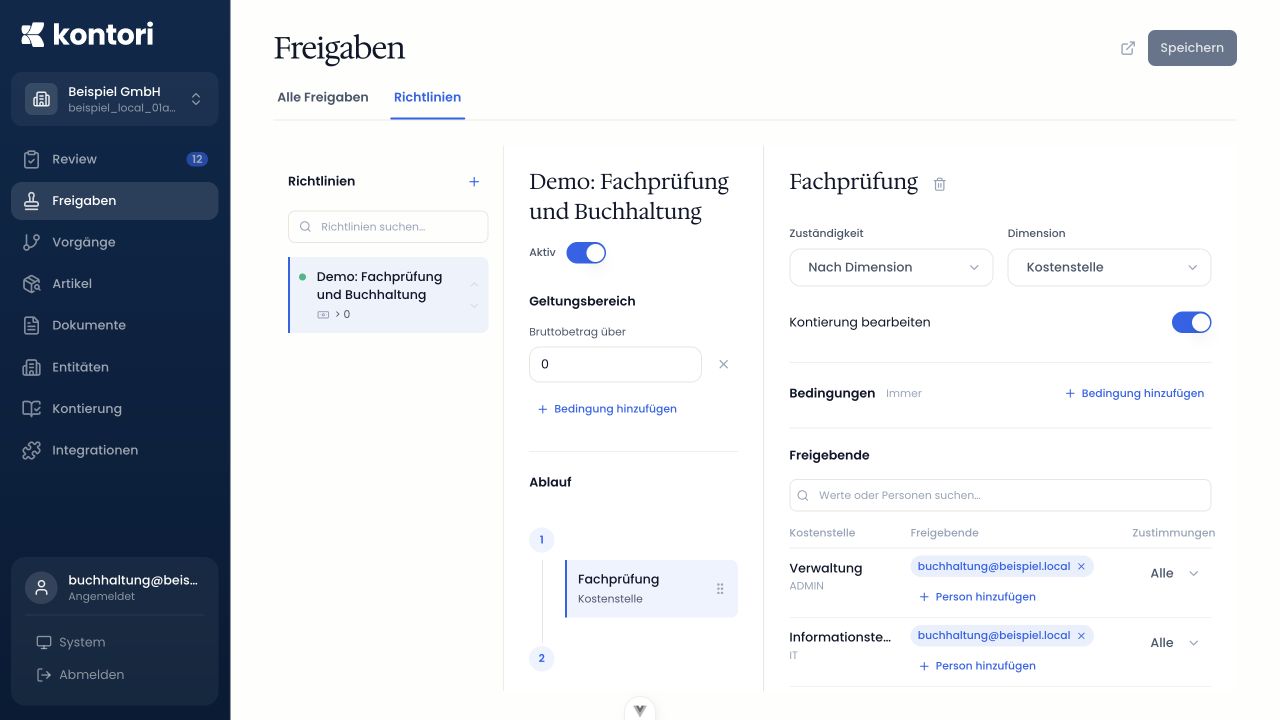 Der Bereich Freigaben mit ausgewähltem Reiter Richtlinien. Links steht die Demo-Richtlinie, in der Mitte Name, Aktiv-Schalter und Geltungsbereich, rechts die Einstellungen der Fachprüfung. Oben rechts steht Speichern.